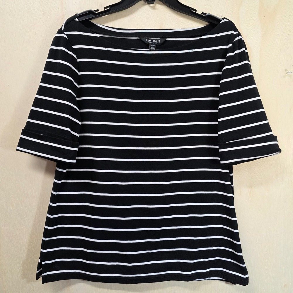 Lauren Ralph Lauren Black White Striped Boat Neck Cuffed Elbow Sleeve Top XL
